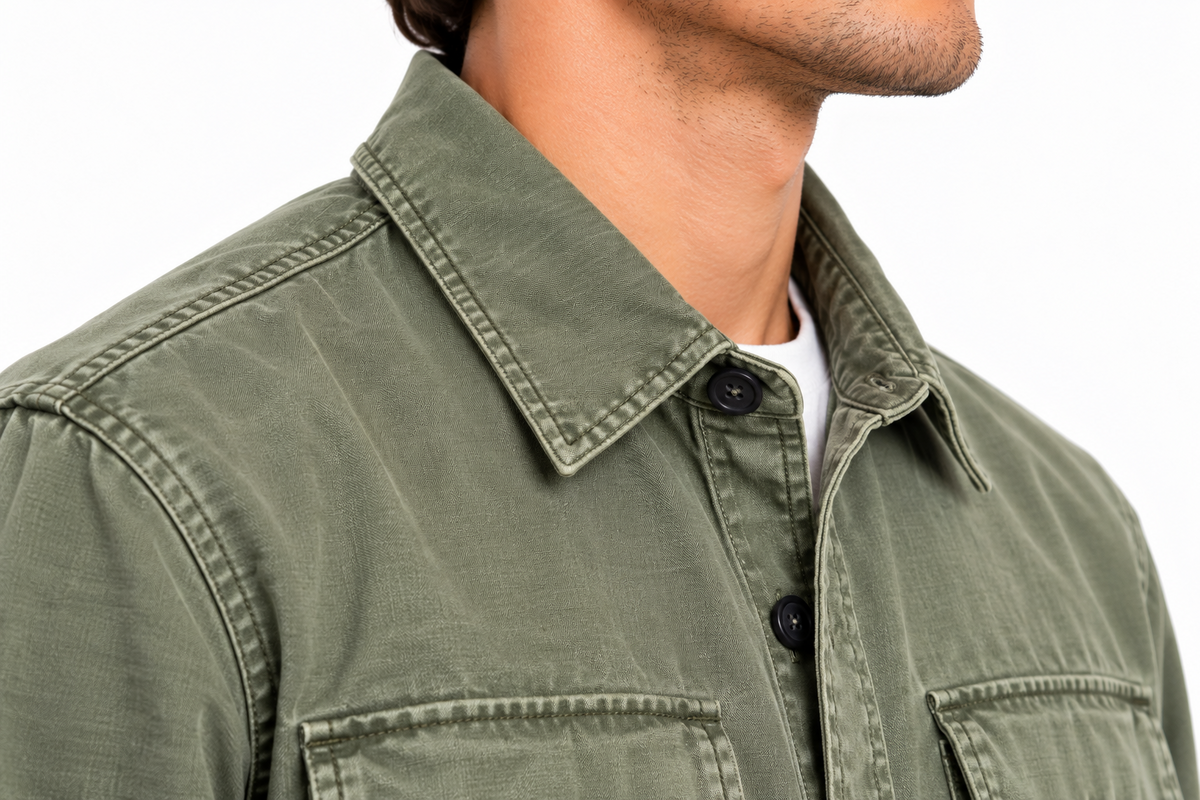 Giacca overshirt Keeling Hobart M 61004 olivine dettaglio colletto