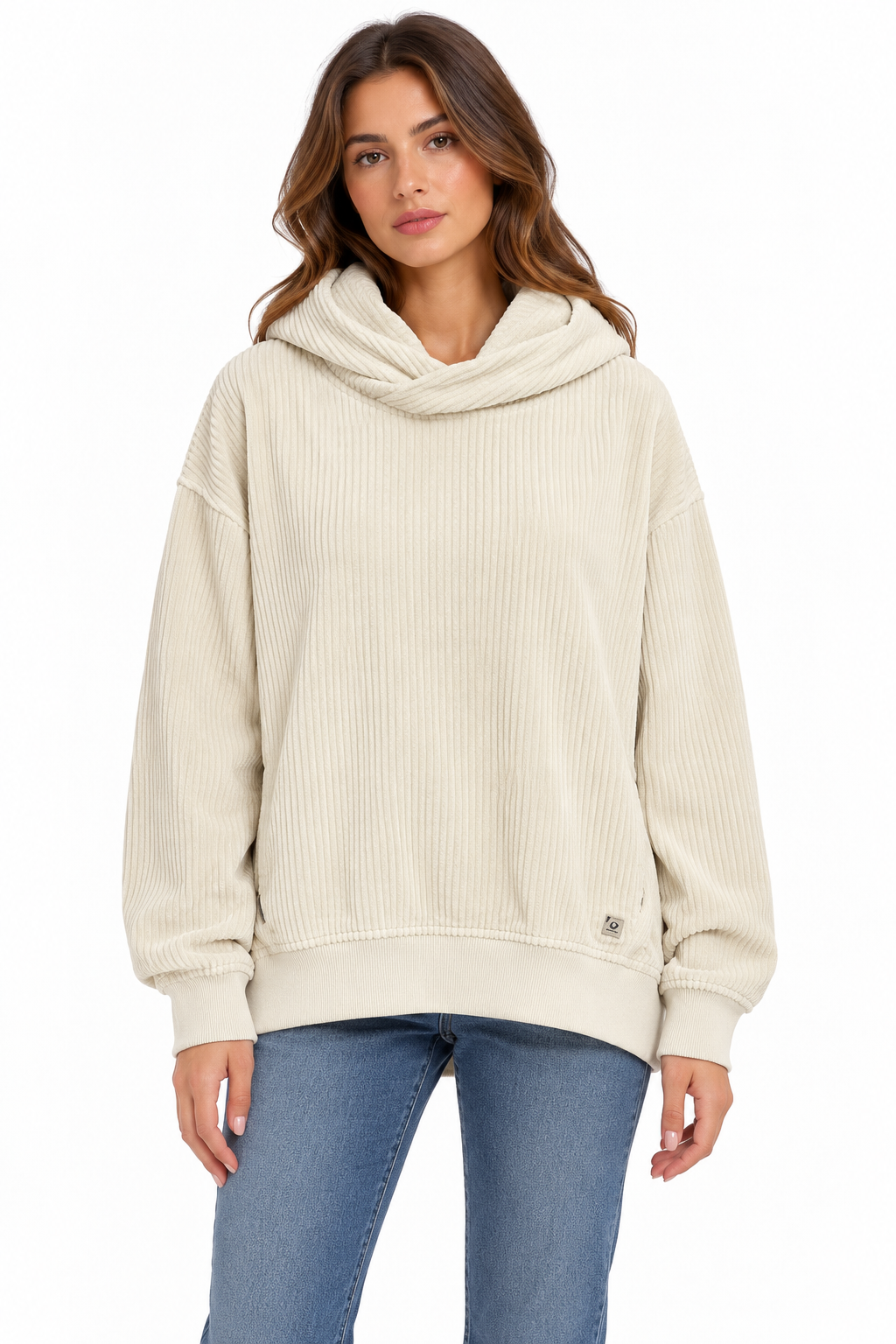 Maglione da donna Keeling Lerin in cotone a coste con cappuccio, variante Kaky, vista frontale