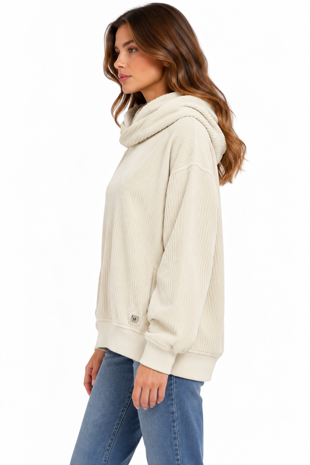 Maglione da donna Keeling Lerin in cotone con cappuccio, variante Kaky, vista laterale