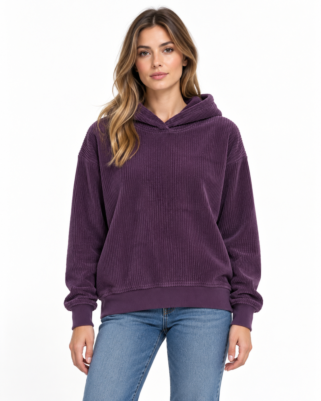 Maglione da donna Keeling Lerin in cotone a coste con cappuccio, colore Prugna, vista frontale