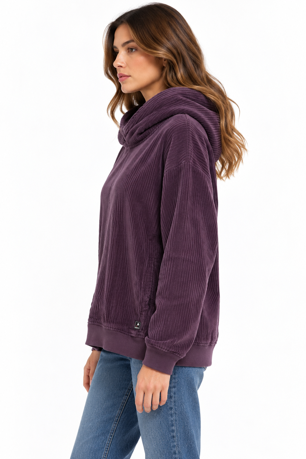 Maglione da donna Keeling Lerin con cappuccio in cotone, colore Prugna, vista laterale