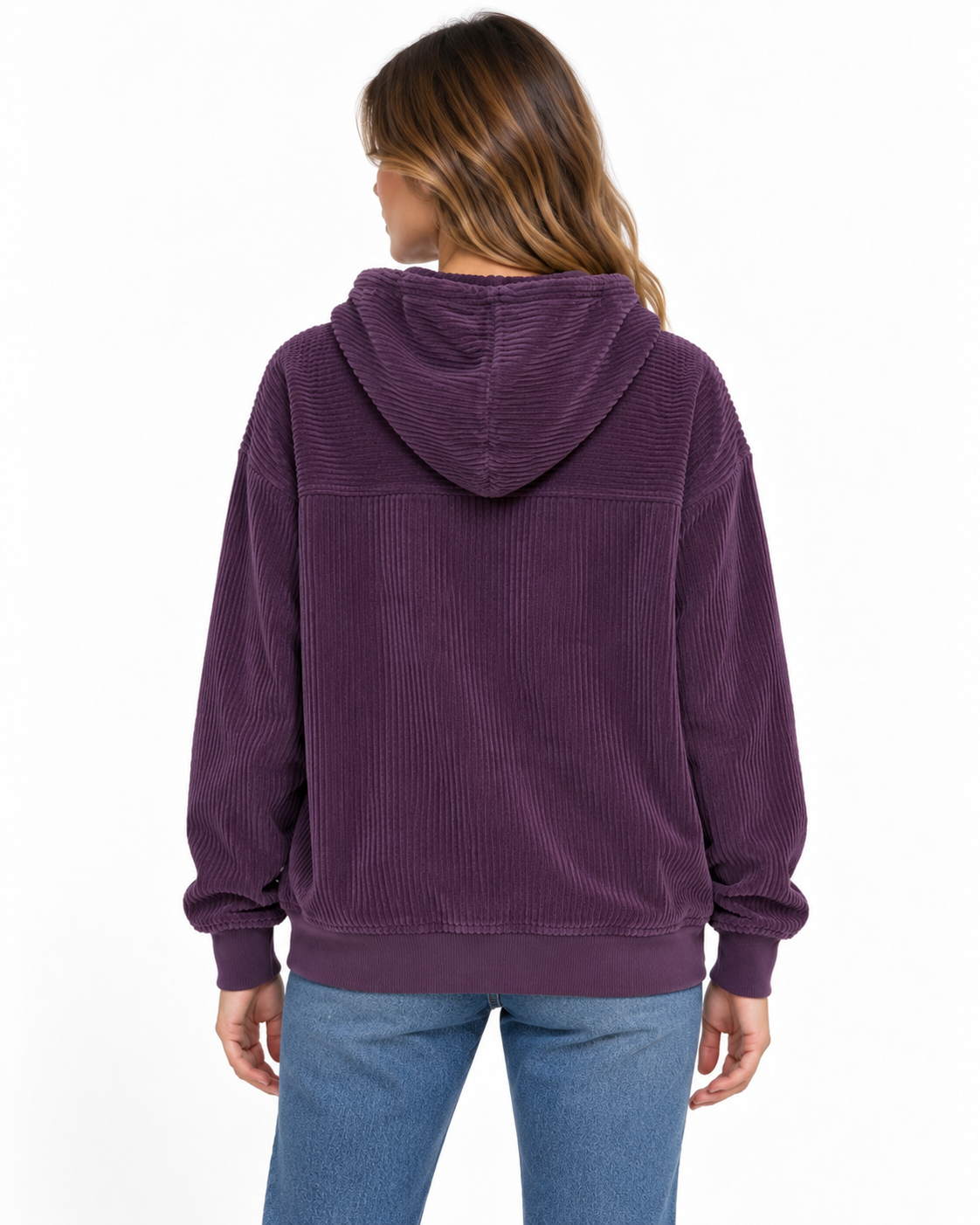 Maglione da donna Keeling Lerin in cotone a coste con cappuccio, colore Prugna, vista posteriore