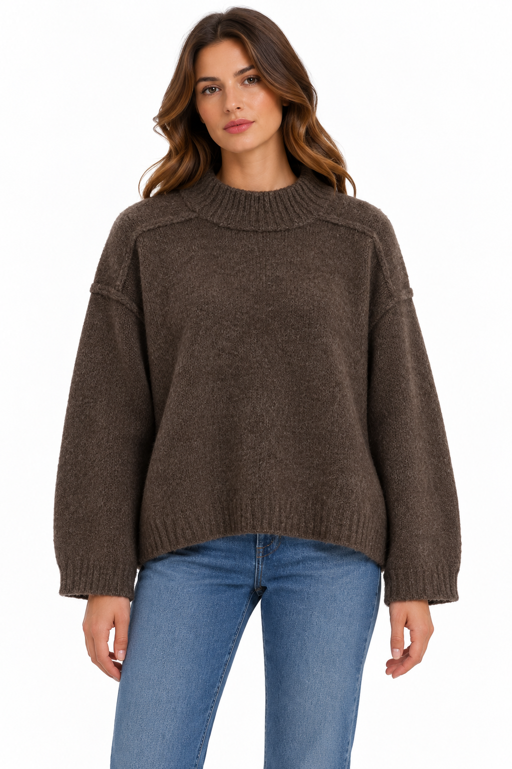 Maglione da donna Keeling Marei Mocha con collo a coste e spalla scesa, vista frontale
