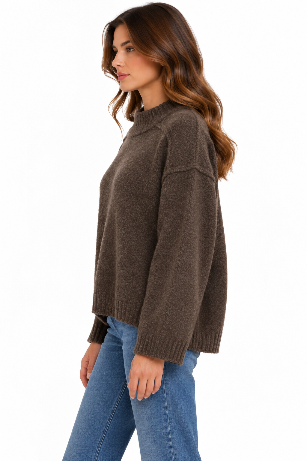 Maglione da donna Keeling Marei Mocha con maniche lunghe e spalla scesa, vista laterale