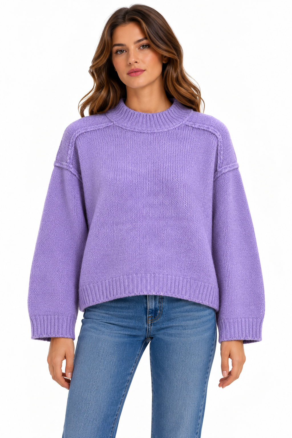 Maglione da donna Keeling Marei Prugna con collo a coste e spalla scesa, vista frontale