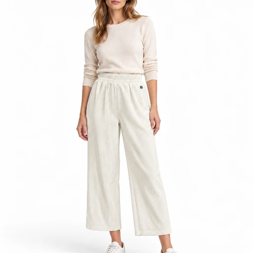 Pantaloni donna Keeling Eline 15038 in velluto a coste, vista con outfit, colore chiaro