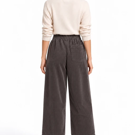 Pantaloni donna Keeling Eline 15038 in velluto a coste, vista posteriore con outfit, colore scuro
