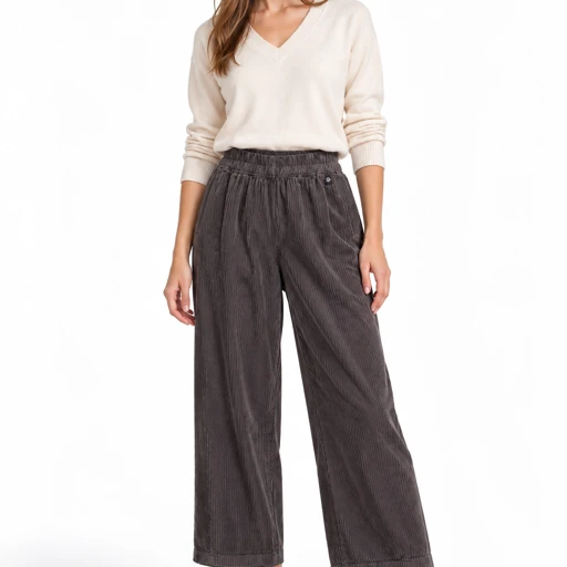 Pantaloni donna Keeling Eline 15038 in velluto a coste, vista con outfit, colore scuro