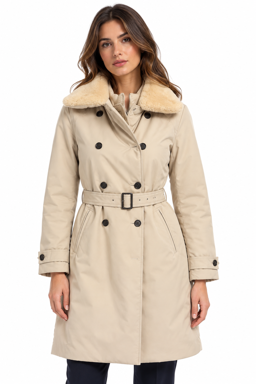 Cappotto donna Save The Duck Gabrielle Stone Beige con cintura e collo in pelliccia sintetica, vista frontale