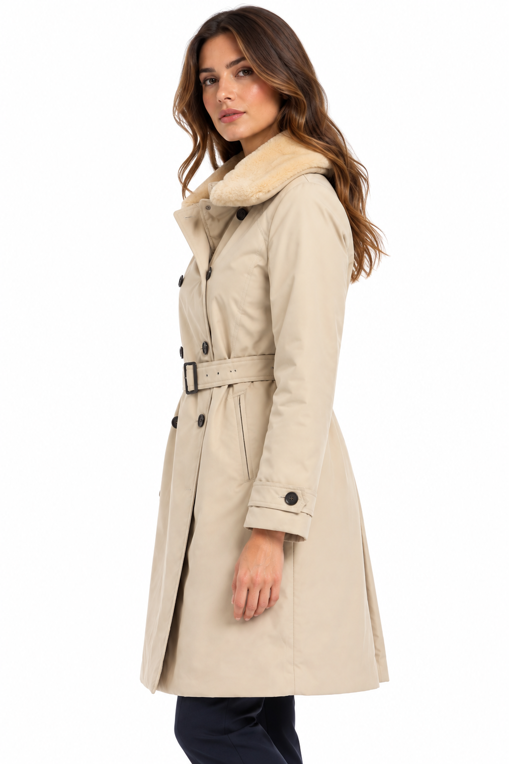 Cappotto donna Save The Duck Gabrielle Stone Beige con cintura, vista laterale
