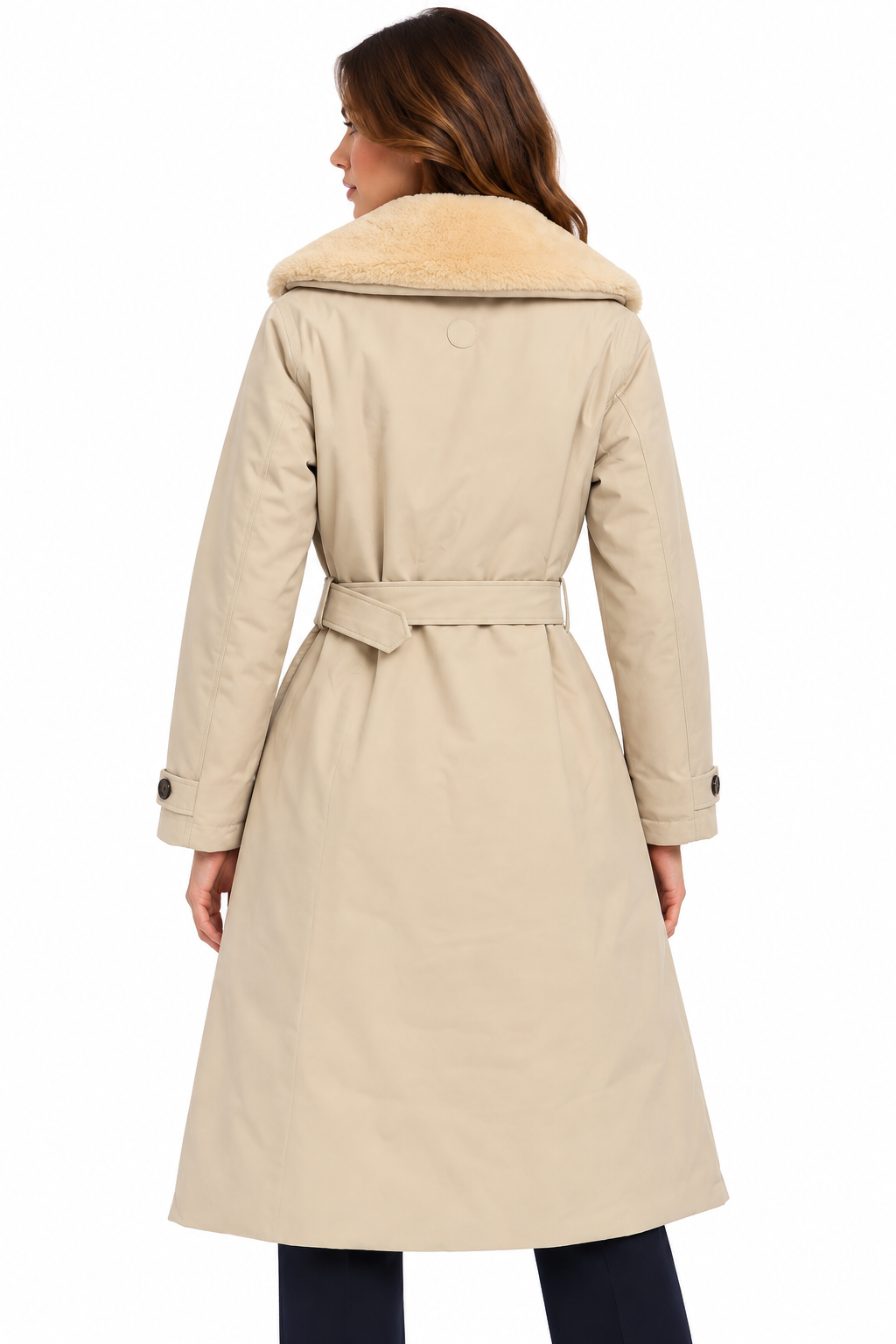 Cappotto donna Save The Duck Gabrielle Stone Beige con collo in pelliccia sintetica, vista posteriore